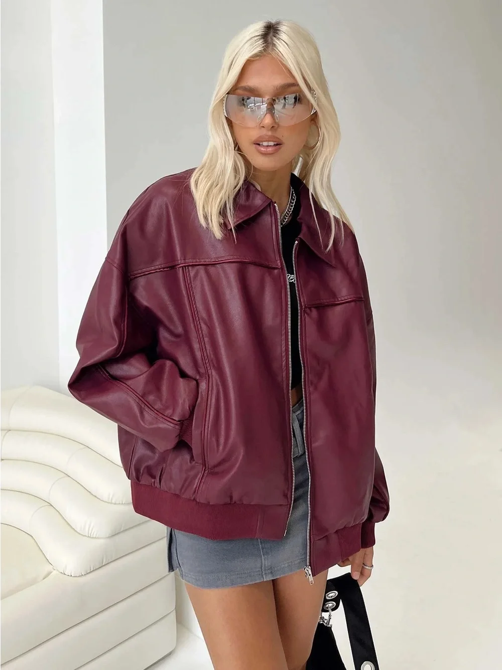 Princess Polly Oversized Burgundy Leather Bomber Jacket - Picture 1 of 3